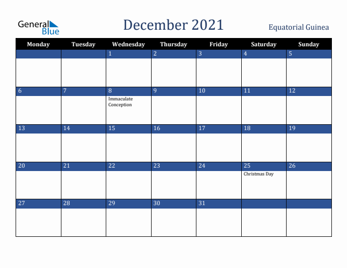 December 2021 Equatorial Guinea Calendar (Monday Start)