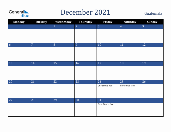 December 2021 Guatemala Calendar (Monday Start)