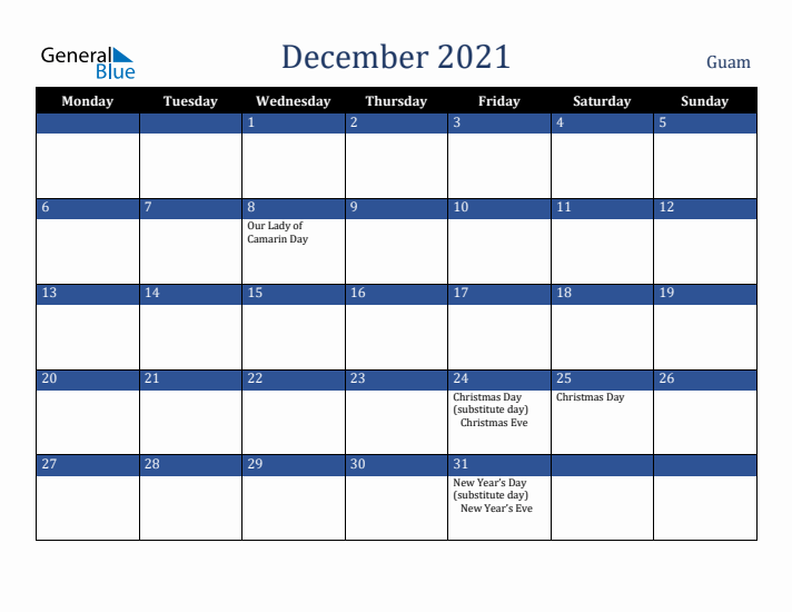 December 2021 Guam Calendar (Monday Start)