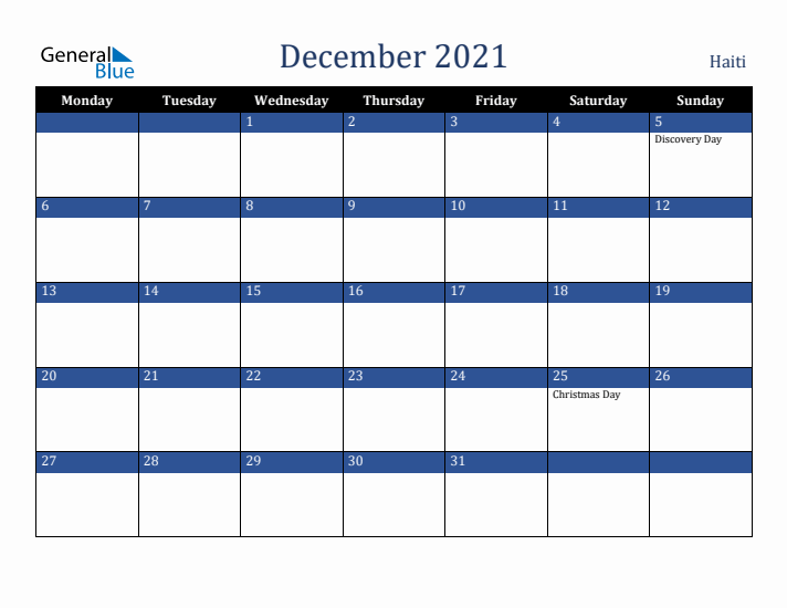 December 2021 Haiti Calendar (Monday Start)