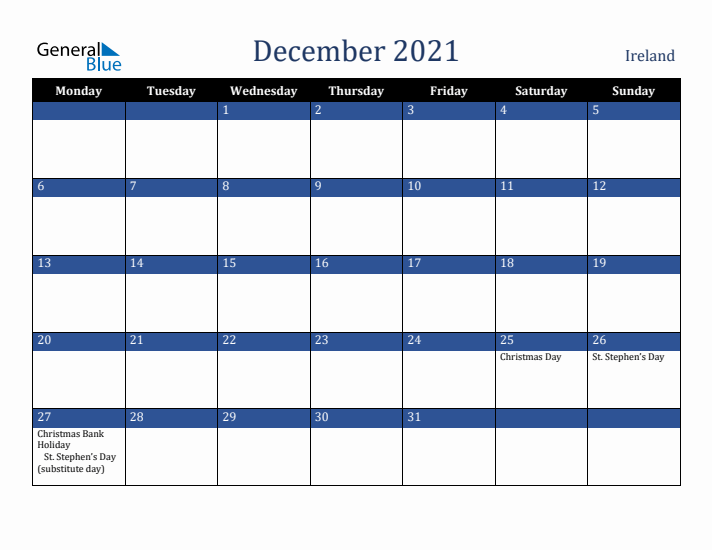 December 2021 Ireland Calendar (Monday Start)