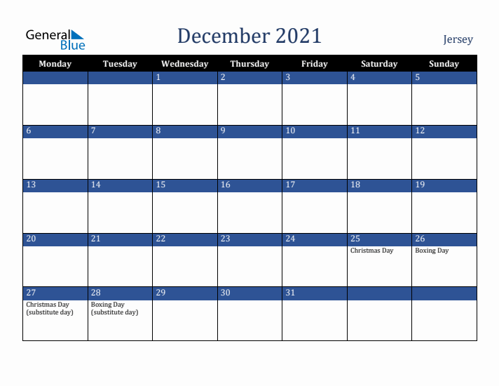 December 2021 Jersey Calendar (Monday Start)