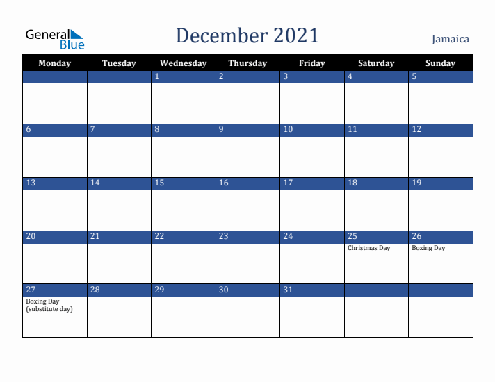 December 2021 Jamaica Calendar (Monday Start)