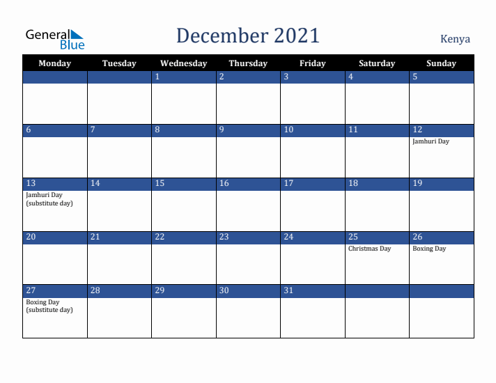 December 2021 Kenya Calendar (Monday Start)