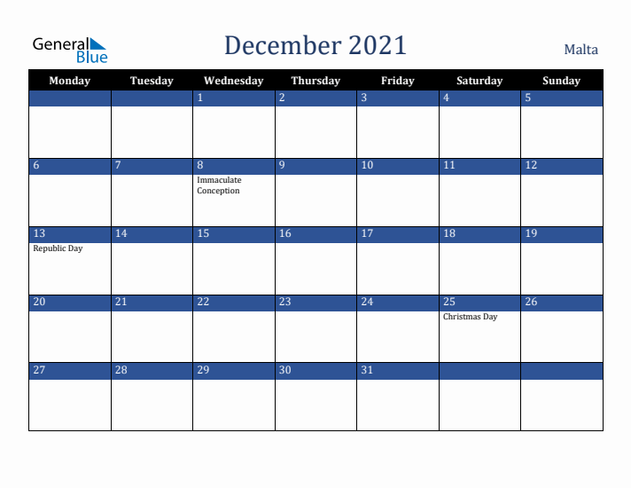 December 2021 Malta Calendar (Monday Start)