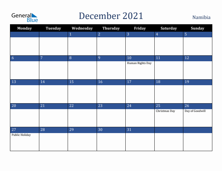 December 2021 Namibia Calendar (Monday Start)