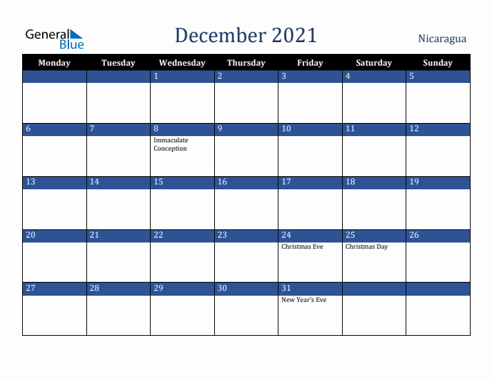 December 2021 Nicaragua Calendar (Monday Start)