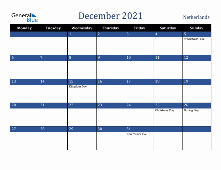 December 2021 The Netherlands Calendar (Monday Start)