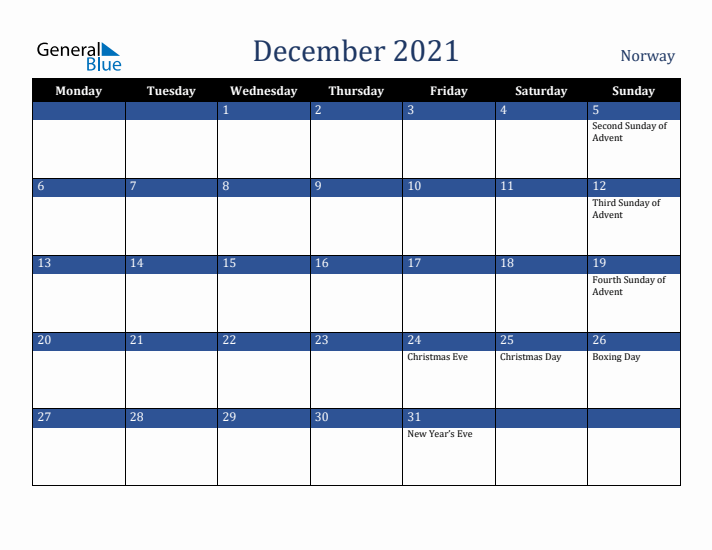December 2021 Norway Calendar (Monday Start)