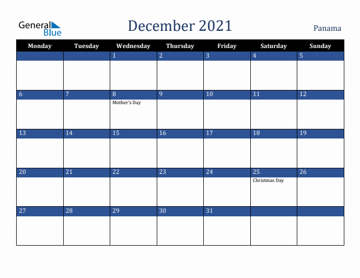 December 2021 Panama Calendar (Monday Start)