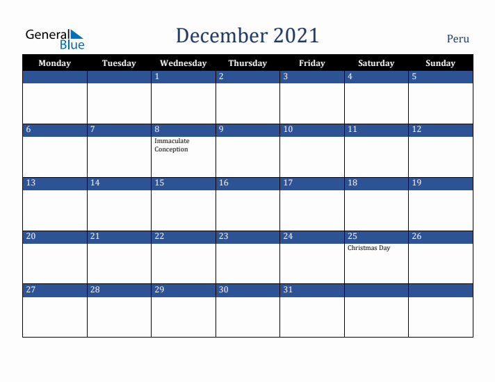 December 2021 Peru Calendar (Monday Start)