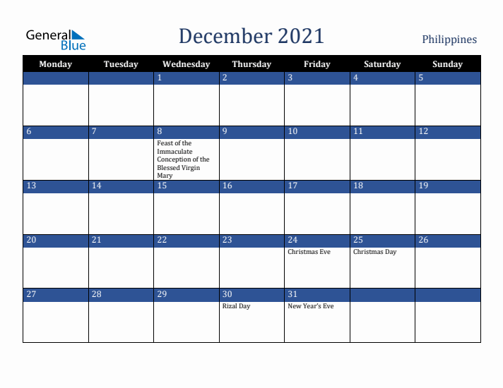 December 2021 Philippines Calendar (Monday Start)