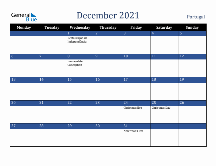December 2021 Portugal Calendar (Monday Start)