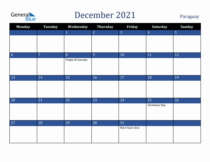 December 2021 Paraguay Calendar (Monday Start)