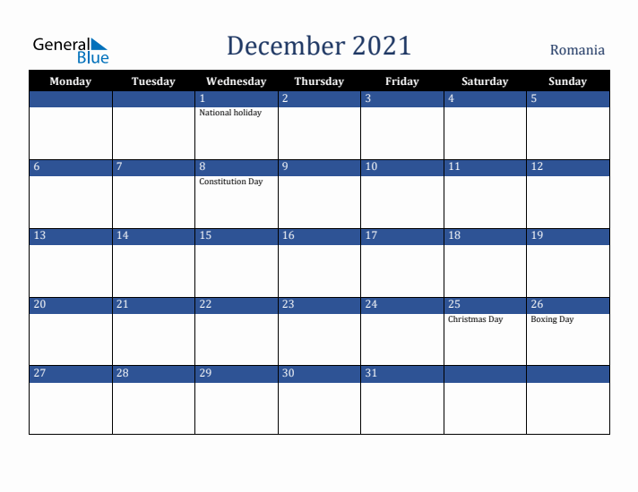 December 2021 Romania Calendar (Monday Start)