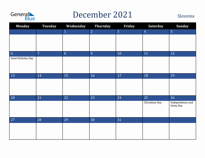 December 2021 Slovenia Calendar (Monday Start)