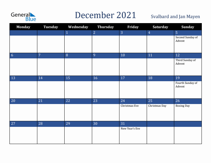 December 2021 Svalbard and Jan Mayen Calendar (Monday Start)