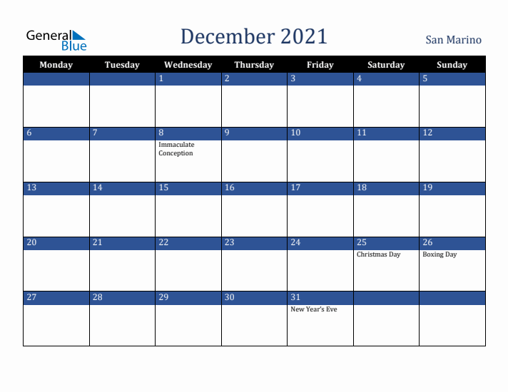 December 2021 San Marino Calendar (Monday Start)