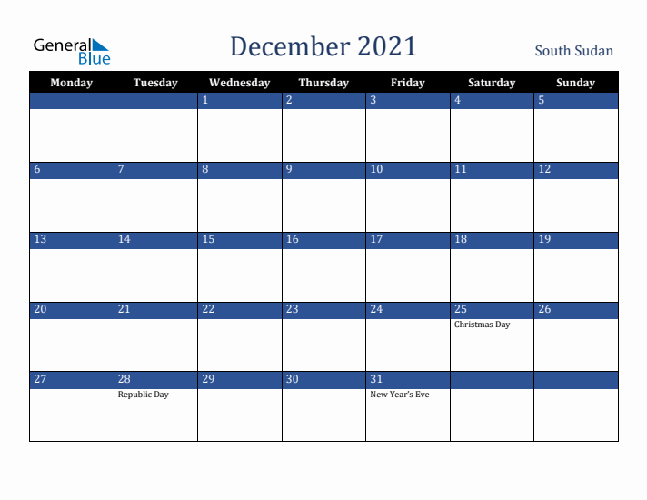 December 2021 South Sudan Calendar (Monday Start)