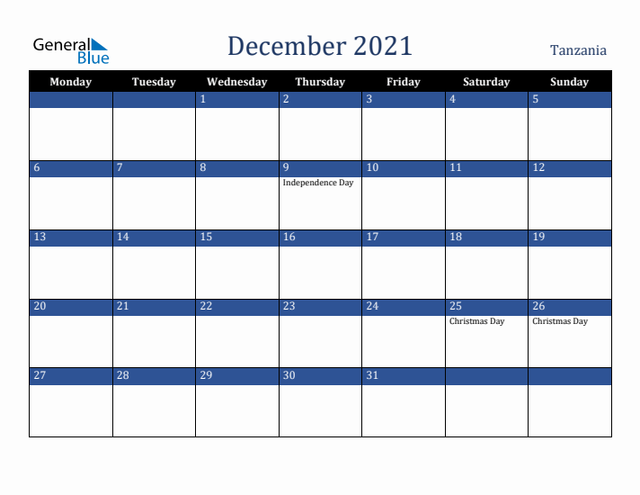 December 2021 Tanzania Calendar (Monday Start)