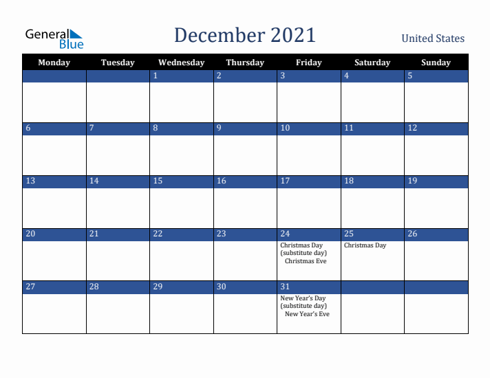 December 2021 United States Calendar (Monday Start)