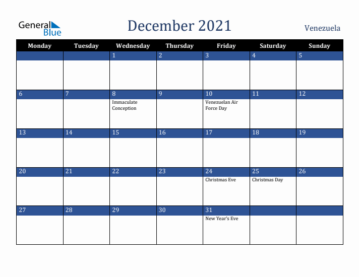 December 2021 Venezuela Calendar (Monday Start)