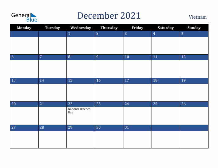 December 2021 Vietnam Calendar (Monday Start)