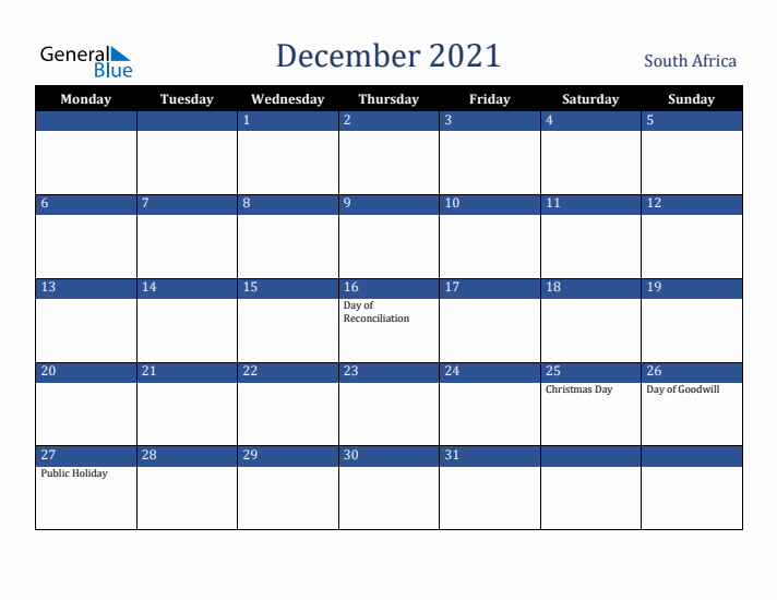 December 2021 South Africa Calendar (Monday Start)