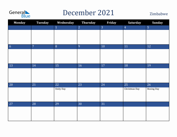 December 2021 Zimbabwe Calendar (Monday Start)