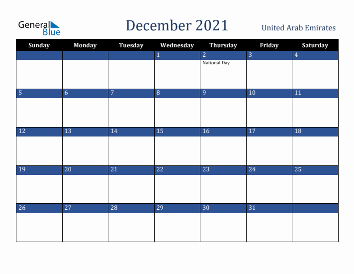 December 2021 United Arab Emirates Calendar (Sunday Start)