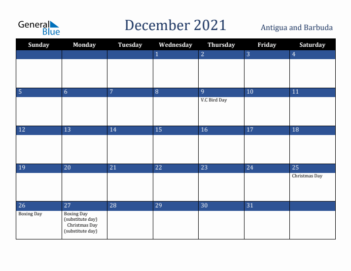 December 2021 Antigua and Barbuda Calendar (Sunday Start)