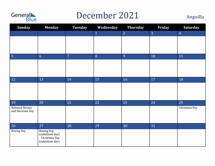 December 2021 Anguilla Calendar (Sunday Start)