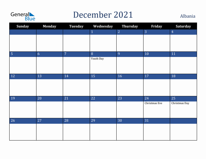 December 2021 Albania Calendar (Sunday Start)