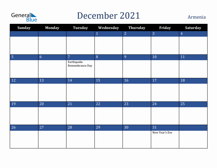 December 2021 Armenia Calendar (Sunday Start)