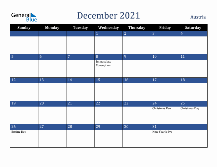 December 2021 Austria Calendar (Sunday Start)