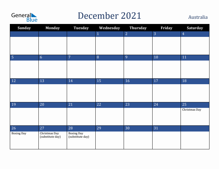 December 2021 Australia Calendar (Sunday Start)