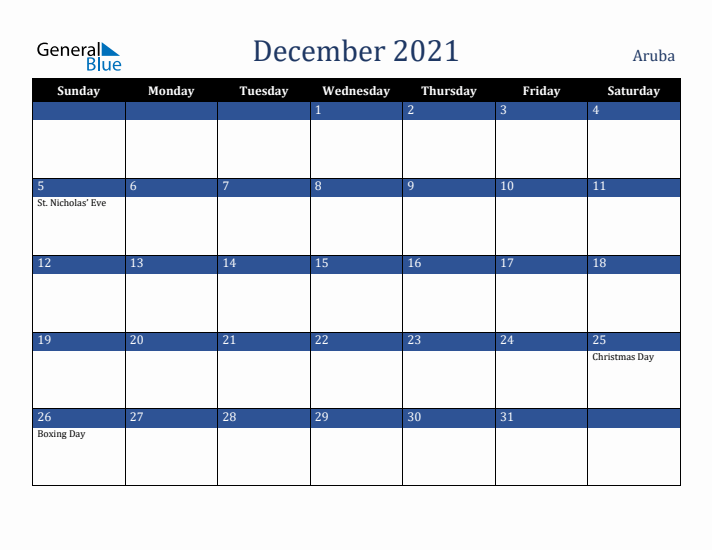 December 2021 Aruba Calendar (Sunday Start)