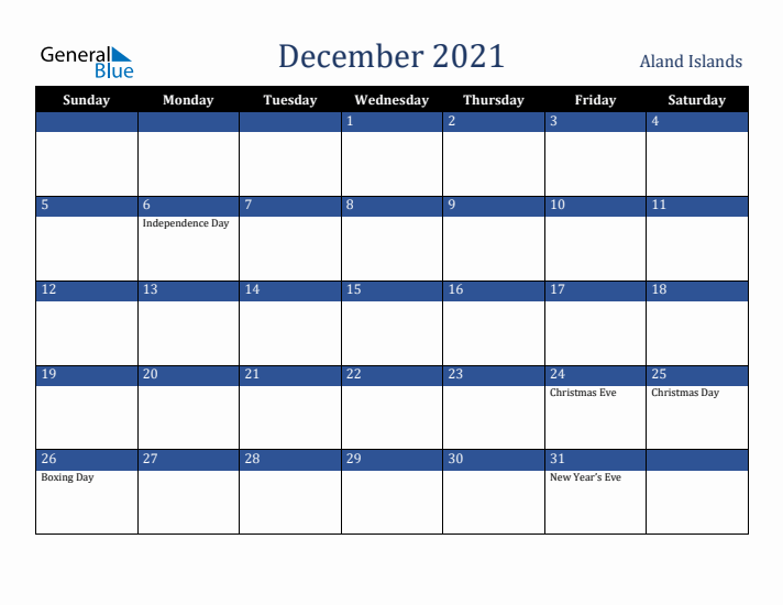 December 2021 Aland Islands Calendar (Sunday Start)