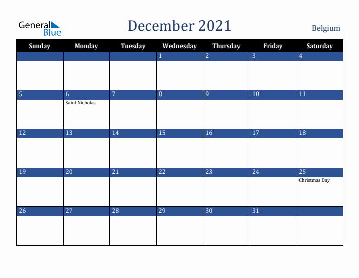 December 2021 Belgium Calendar (Sunday Start)