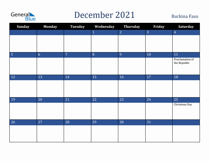 December 2021 Burkina Faso Calendar (Sunday Start)