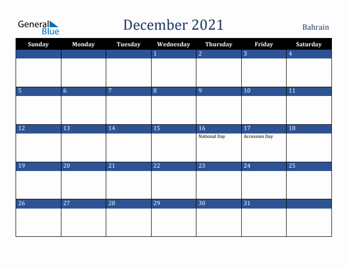 December 2021 Bahrain Calendar (Sunday Start)