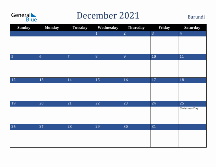 December 2021 Burundi Calendar (Sunday Start)