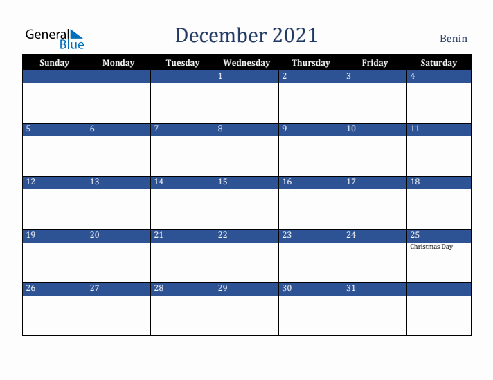 December 2021 Benin Calendar (Sunday Start)