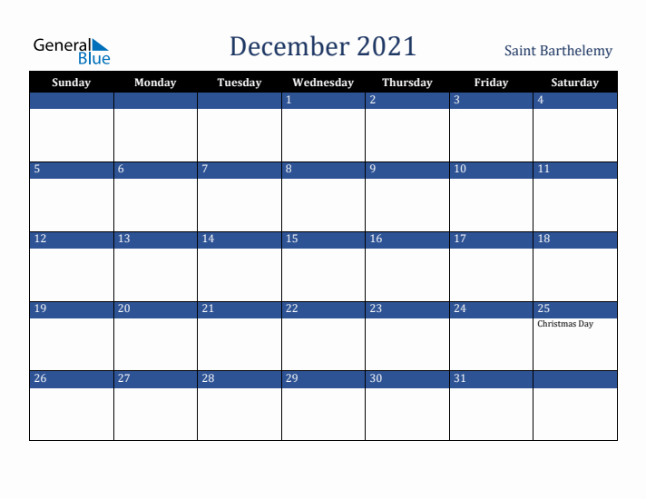 December 2021 Saint Barthelemy Calendar (Sunday Start)