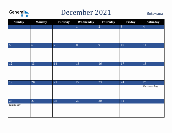 December 2021 Botswana Calendar (Sunday Start)