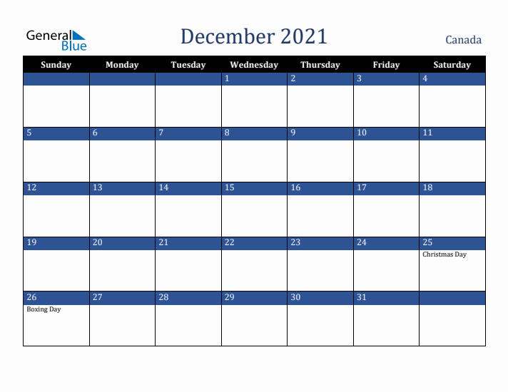 December 2021 Canada Calendar (Sunday Start)