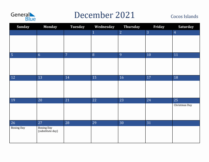 December 2021 Cocos Islands Calendar (Sunday Start)