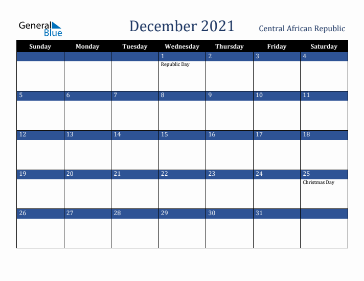 December 2021 Central African Republic Calendar (Sunday Start)