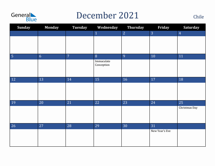 December 2021 Chile Calendar (Sunday Start)
