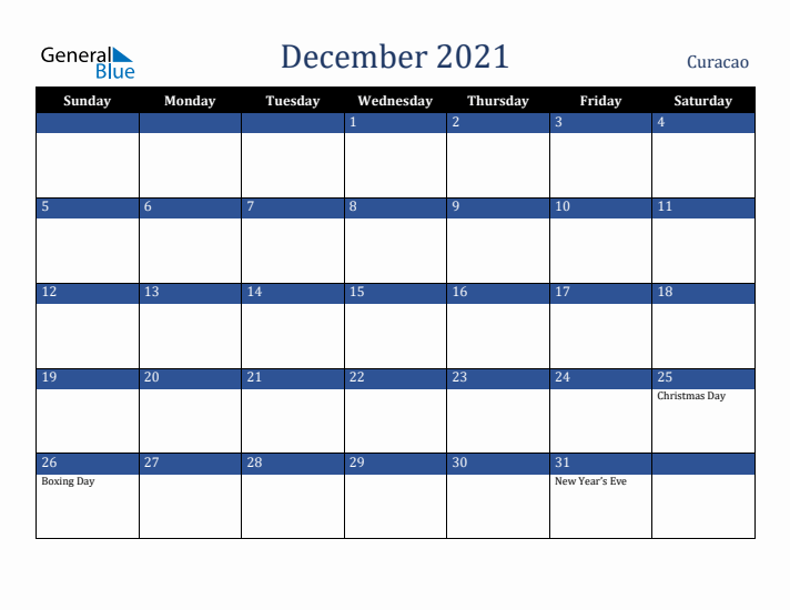 December 2021 Curacao Calendar (Sunday Start)